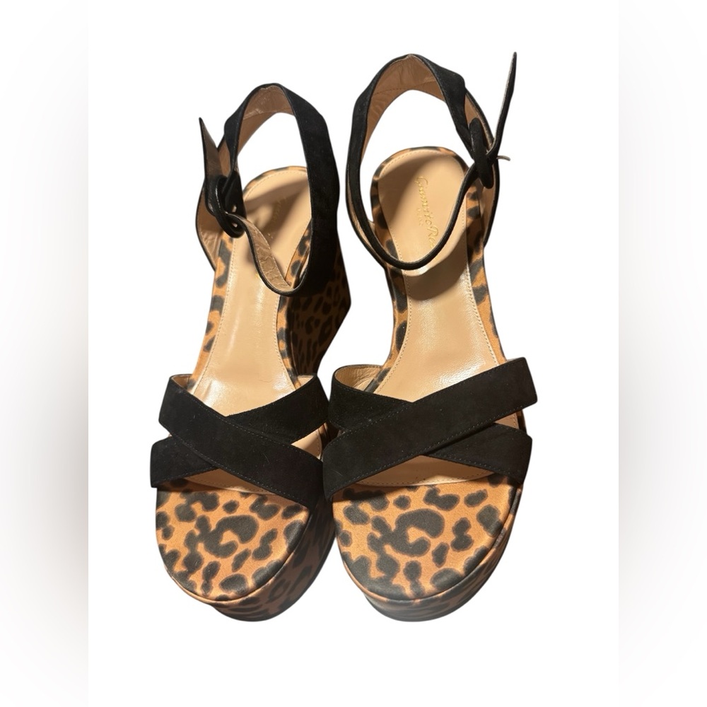 Gianvito Rossi Black Suede Wedge Sandals with Leopard Footbed